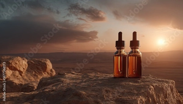 Fototapeta Two amber glass dropper bottles sit atop a desert rock, silhouetted against a dramatic sunset backdrop of orange, purple, and grey clouds over a vast, arid landscape