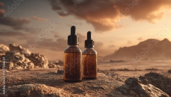 Fototapeta Two amber glass dropper bottles sit on desert rock, a dramatic sunset backdrop of mountains and clouds