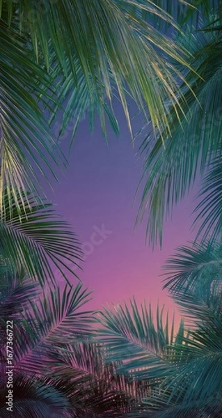Fototapeta Lush palm fronds frame a vibrant purple and pink twilight sky, creating a tropical, serene, and visually striking image