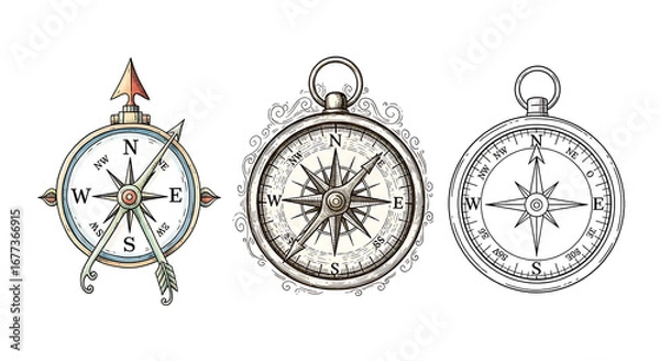 Fototapeta Vintage Compass Collection, Navigational Instruments with Decorative Elements