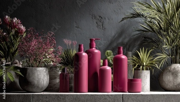 Fototapeta Dark moody scene of various rose-toned cosmetic bottles and jars arranged on a stone shelf amongst potted plants