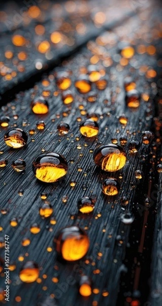 Fototapeta Close-up of water droplets on dark wood, illuminated from below, creating warm, amber highlights