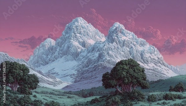 Fototapeta Snow-capped mountains dominate a valley at sunset, with a pinkish sky and dark green trees in the foreground.  The scene is serene and possibly digitally rendered