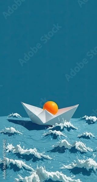 Fototapeta A minimalist digital artwork depicting a small paper boat with an orange sphere inside, navigating choppy blue waters against a teal backdrop