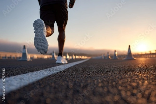 Obraz Runner strides forward on track at sunrise