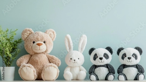 Fototapeta A collection of plush stuffed animals, including a teddy bear, bunny, and panda.