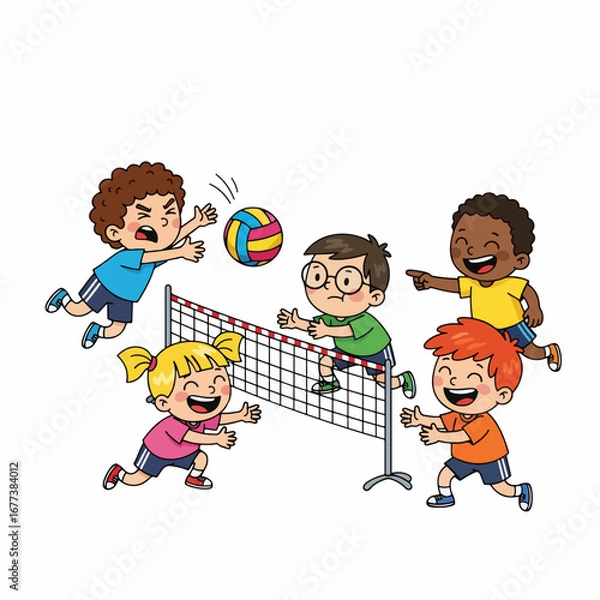 Obraz Cheerful Handdrawn Kids Playing Volleyball Game Illustration on White Background