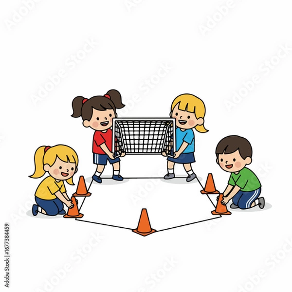 Fototapeta Cartoon Playful Children Constructing Geometric Shape with Cones and Net