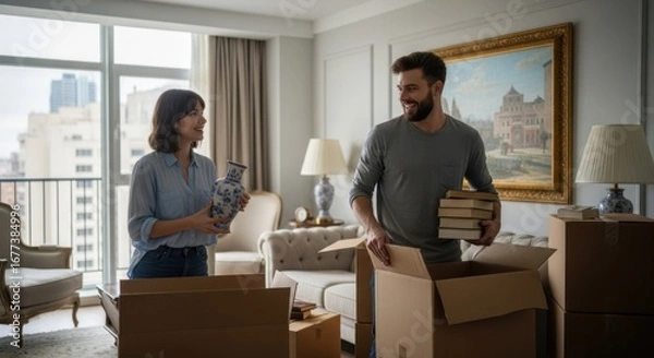 Fototapeta A couple moving into a new home, carrying boxes and books.