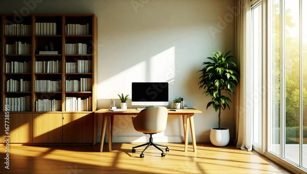 Obraz Sunlit home office with bookshelf and computer