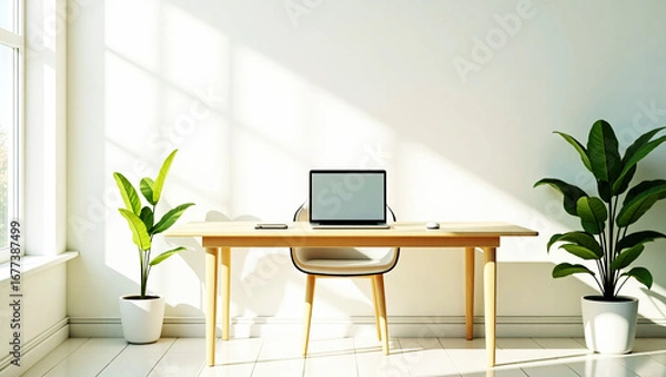 Obraz Bright home office setup with laptop and plants