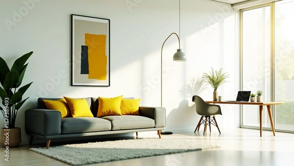 Obraz Modern living room with a gray sofa and yellow accent pillows bathed in sunlight