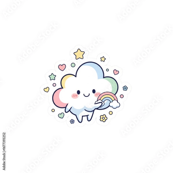 Fototapeta Cute kawaii cloud character holding a tiny rainbow