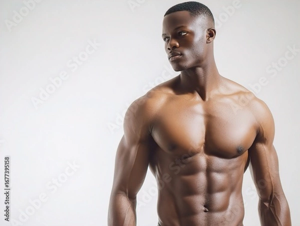 Fototapeta Powerful Black Man Flexing Muscular Physique with Defined Abs and Chest in a Bright Studio Setting, Looking Confidently Aside