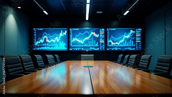 Obraz Modern boardroom with financial data displays
