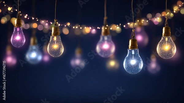 Fototapeta Hanging string lights with glowing colorful bulbs and festive bokeh background for holiday party celebration and decorative illumination