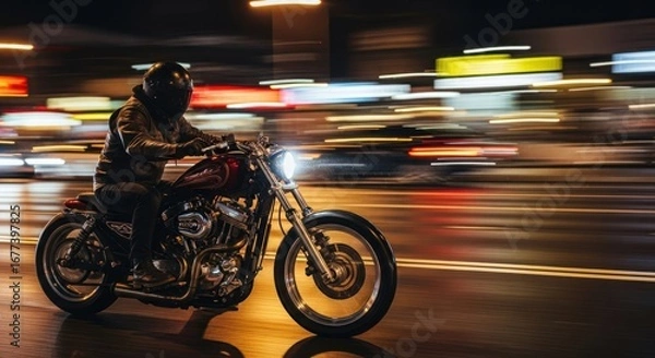 Fototapeta A man riding a motorcycle at night with a blurred cityscape in the background.
