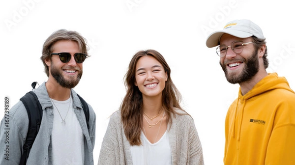 Fototapeta Smiling Group: A group of three diverse and cheerful individuals, bathed in natural light. They are shown here smiling with a vibrant expressions, and full of contentment.