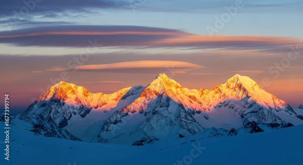 Fototapeta Majestic snow-capped mountains illuminated by golden sunlight during sunset, showcasing dramatic peaks and serene landscape, creating a breathtaking natural scene