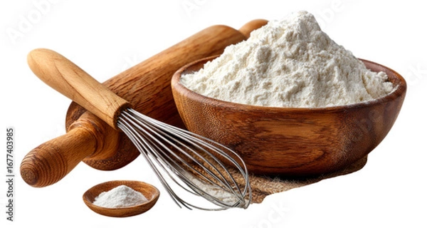 Fototapeta Fresh Flour in Wooden Bowl with Rolling Pin and Whisk Tools