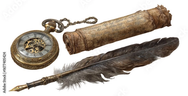 Fototapeta Vintage Pocket Watch, Scroll, and Quill on Transparent Background