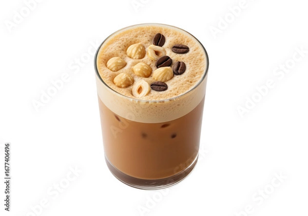 Fototapeta Iced Coffee with Hazelnut and Coffee Beans: Delicious and Refreshing Drink on White