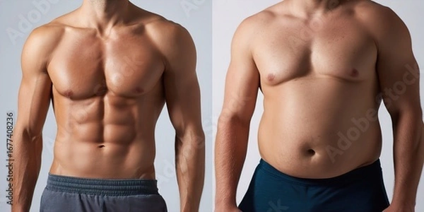 Fototapeta Mans Body Transformation in a Side-by-side View, from Overweight to Muscular, Showcasing Fitness Journey and Weight Loss Achievement.