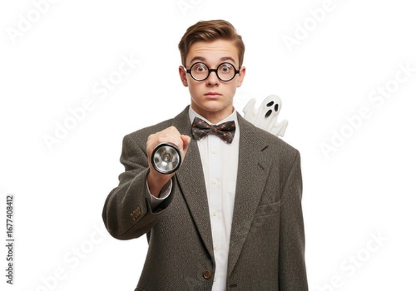 Fototapeta Scared Nerd with Flashlight and Ghost for Halloween