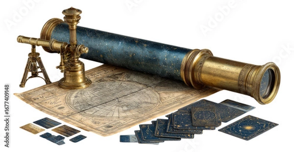 Fototapeta Vintage Telescope on Star Chart with Celestial Cards Isolated Image