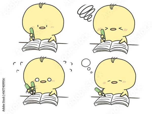 Fototapeta 勉強するひよこの表情セット