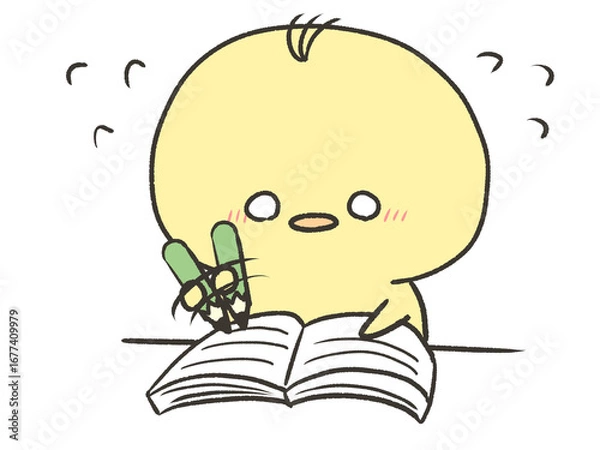 Fototapeta 慌てて勉強するひよこ