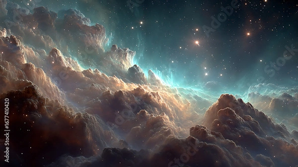 Fototapeta exploring deep outer space colorful nebula cloud stars cosmic environment astronomy astrophotography galaxy cluster celestial beauty and infinite universe perspective