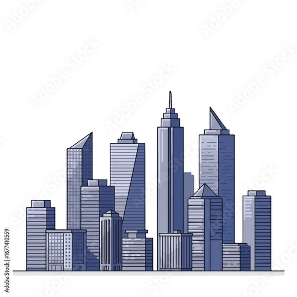 Fototapeta A minimal flat 2D vector illustration showcases a clean city skyline composed of various modern office towers, standing isolated on a bright white background, conveying urban simplicity.