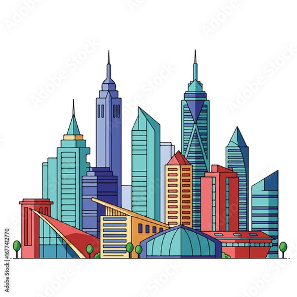 Fototapeta Colorful skyline of modern architectural buildings presented as a vibrant flat 2D vector illustration, set against a pristine white background for a clean, contemporary look.