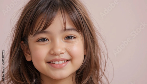 Fototapeta Close-up portrait of a cheerful child with radiant smile and glowing cheeks. The child looks straight at the camera with sparkling eyes. Plain bright background.