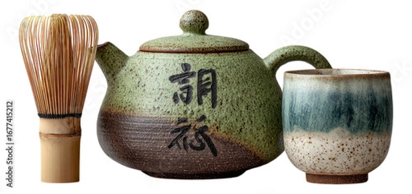 Fototapeta Traditional Japanese Tea Set with Whisk and Cup Isolated on Background