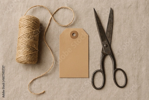 Obraz Vintage scissors, kraft paper tag and jute twine on beige linen background