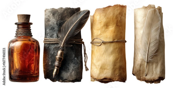 Fototapeta Vintage Writing Tools with Ink Bottle and Quills on Isolated Background