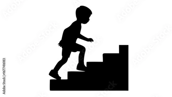 Fototapeta Reaching Higher: Silhouette of a child confidently ascending a staircase, symbolizing growth, progress, and ambition, set against a simple background.
