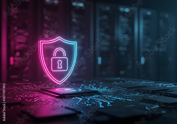 Obraz Cybersecurity Protection, Digital Shield with Lock Icon Securing Data in Server Room