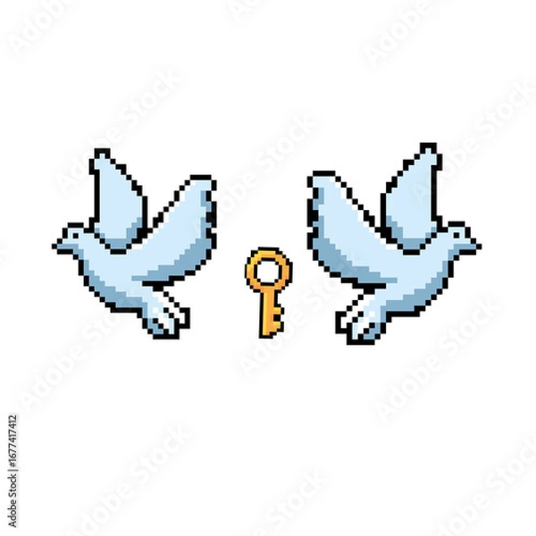 Fototapeta Pixel Art Pigeons with Key, Representing Freedom and Open Doors