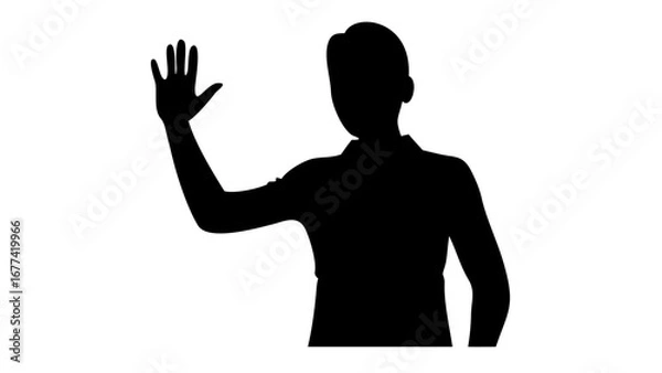 Fototapeta Greeting Gesture Silhouette: A silhouetted figure raises a hand in a gesture of greeting, with a clear and simple aesthetic. 