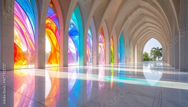 Fototapeta Walking Through Colorful Light Arches Reflecting on Marble Floor