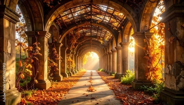 Fototapeta Walking Through Arched Pathway in Autumn with Sunlight