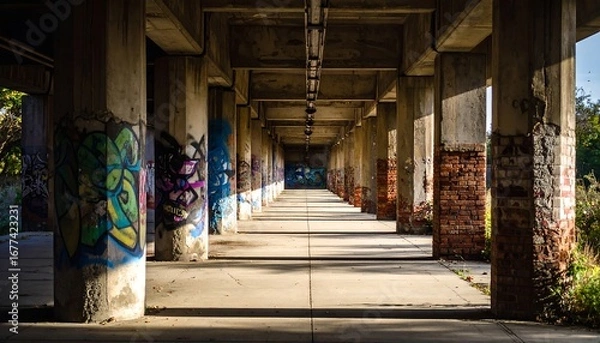 Fototapeta Walking Through Concrete Column Tunnel with Graffiti and Light