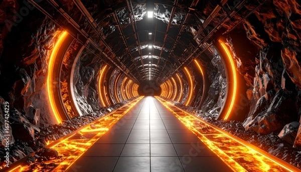 Fototapeta Walking Through Illuminated Tunnel with Rock Walls
