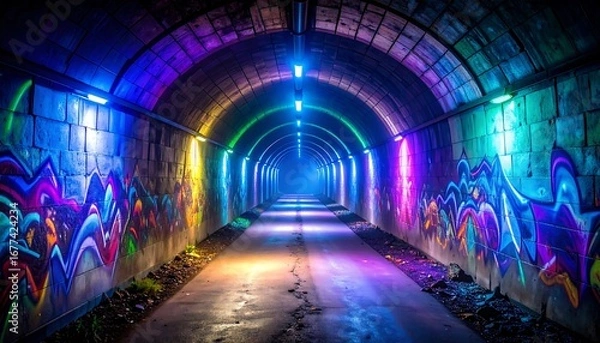 Fototapeta Walking Through Tunnel with Graffiti and Colorful Lights