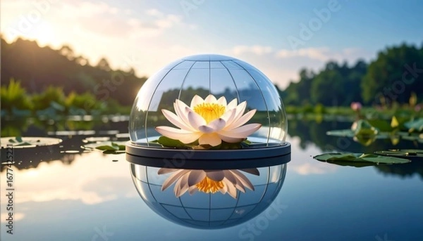 Fototapeta Water Lily Floating in Glass Sphere Reflecting on Lake Surface at Sunrise