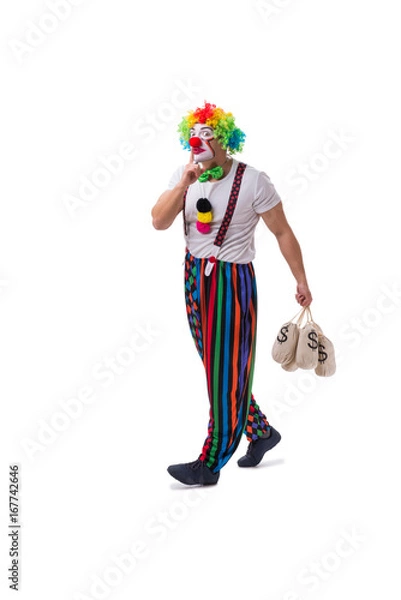 Fototapeta Funny clown with money bags sacks isolated on white background
