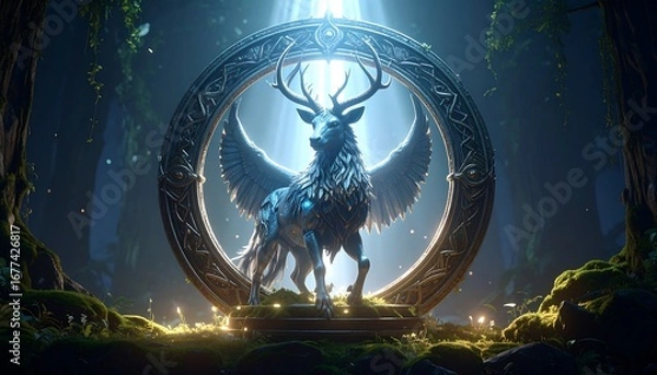 Fototapeta Winged Deer Standing in Forest Portal Under Beam of Light